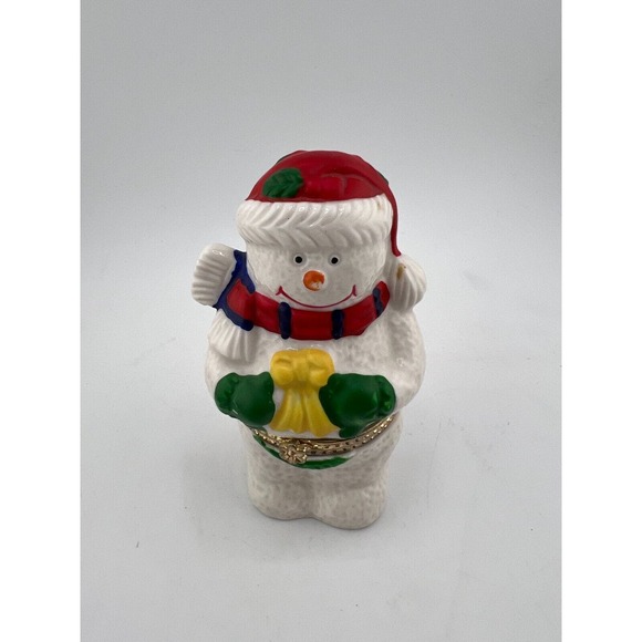 Christmas Snowman Trinket Box Red Santa Hat‎ & Scarf Glazed Porcelain - Picture 1 of 9